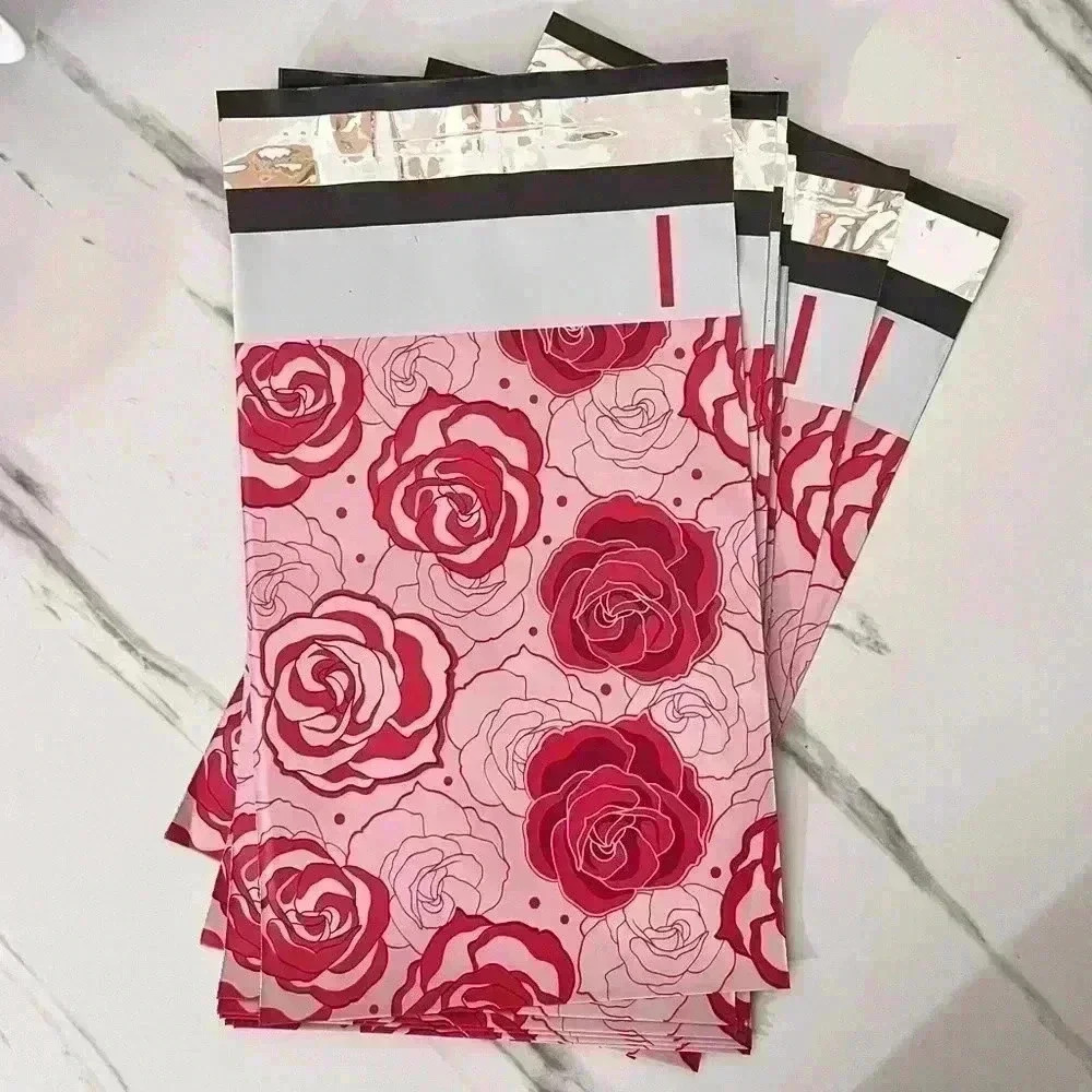 10 6x9 self adhesive poly mailers red and pink florals throughout